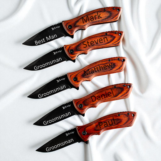 Set of 5  Red Wood Handle Black blade Knives - Groomsmen Gift