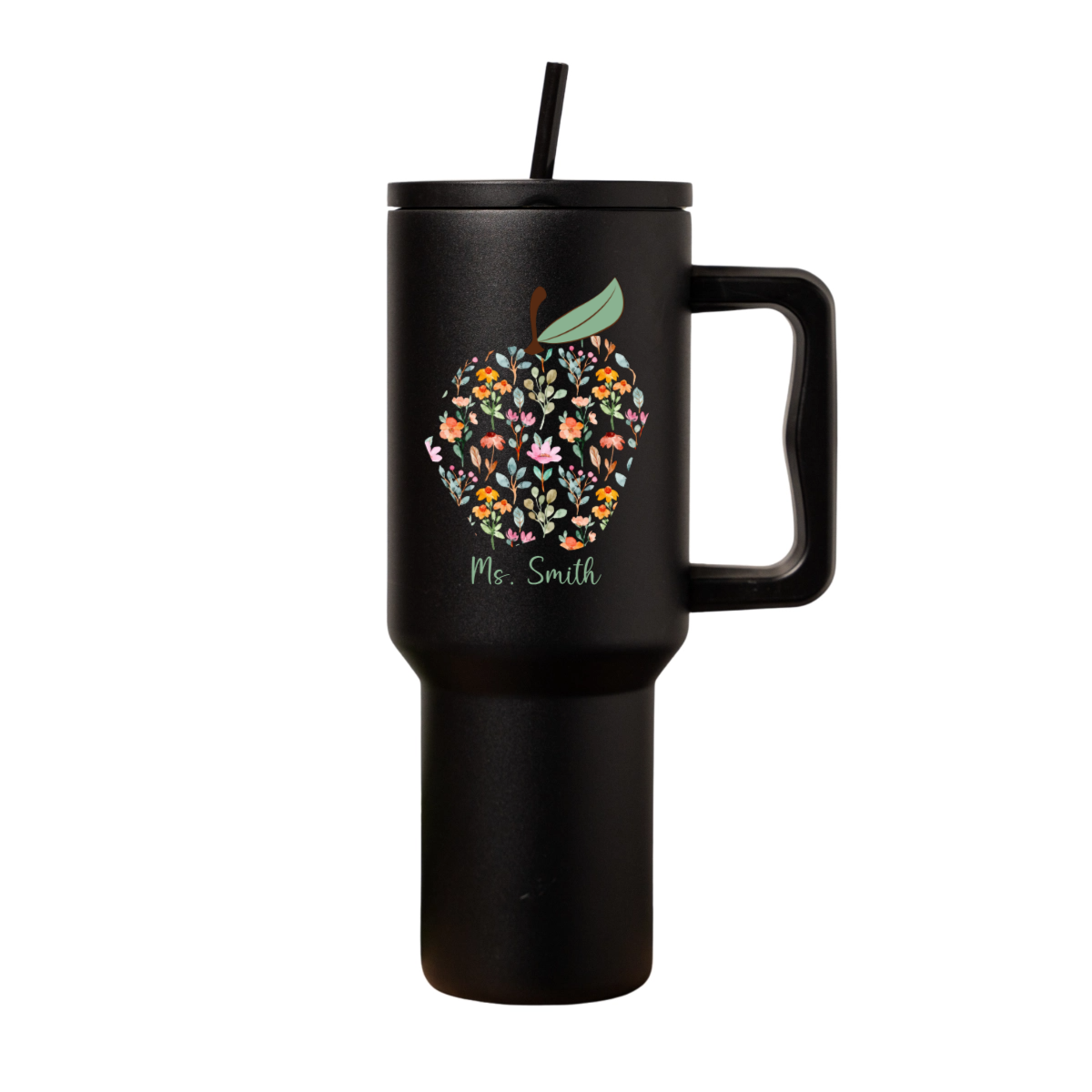 Customized Teacher Tumbler with Floral Apple and Name