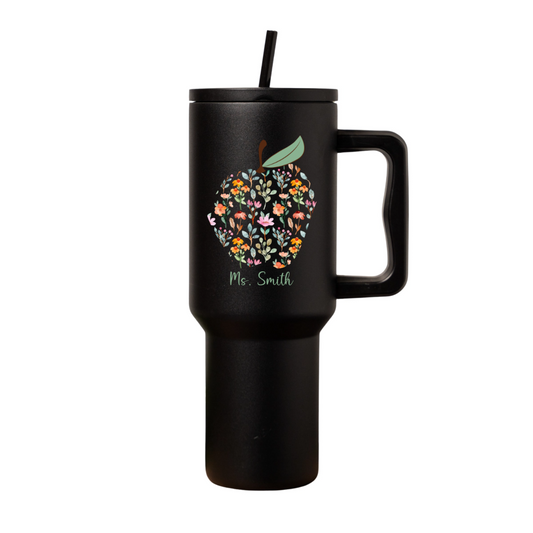 Customized Teacher Tumbler with Floral Apple and Name