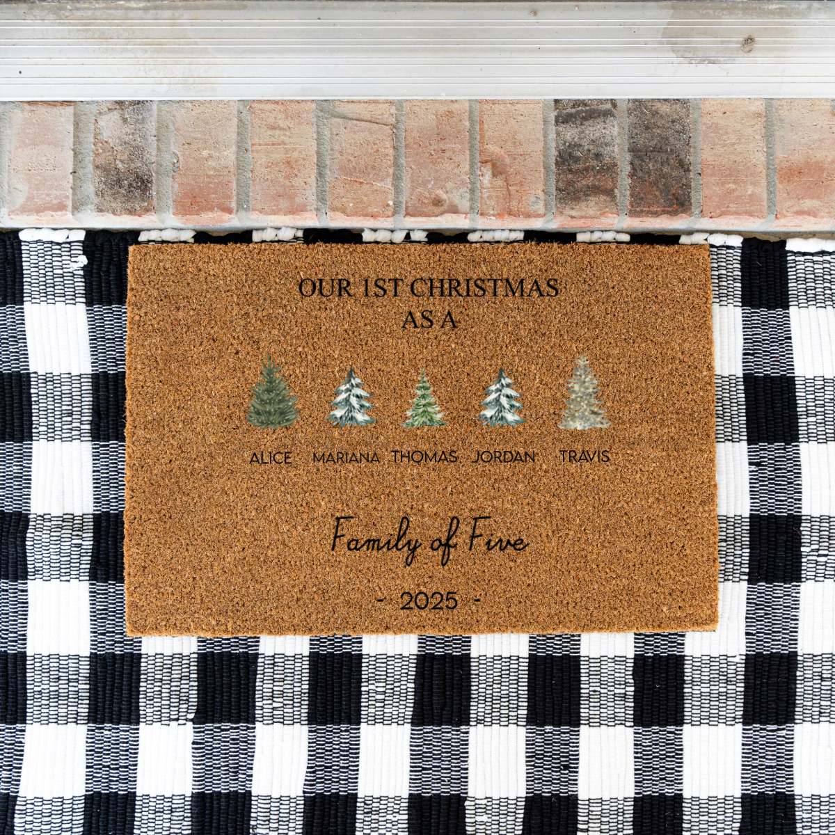 Personalized Christmas doormat with family names and year on a checkered rug.