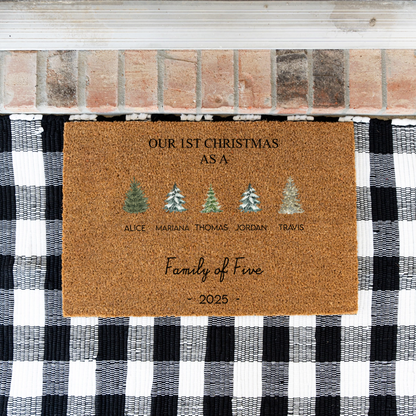 Personalized Christmas doormat with family names and year on a checkered rug.