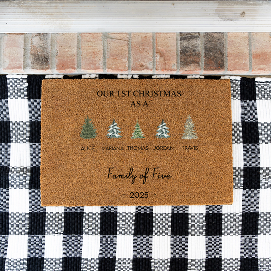 Personalized Christmas doormat with family names and year on a checkered rug.