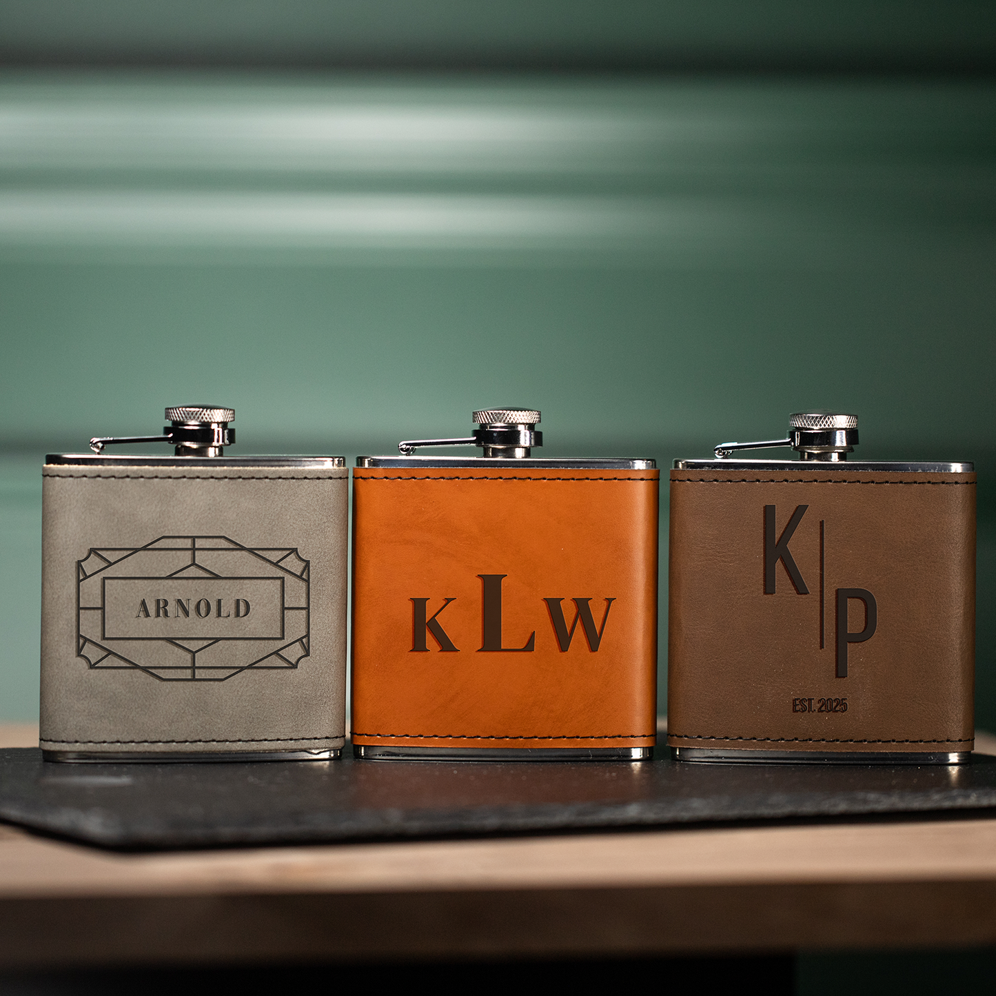 Set of 5 Leather Wrapped Stainless Flasks - Signature Designs Groomsmen Gift
