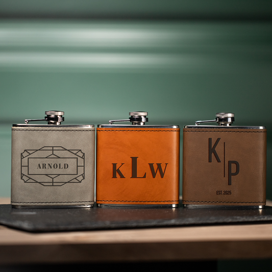 Set of 5 Leather Wrapped Stainless Flasks - Signature Designs Groomsmen Gift