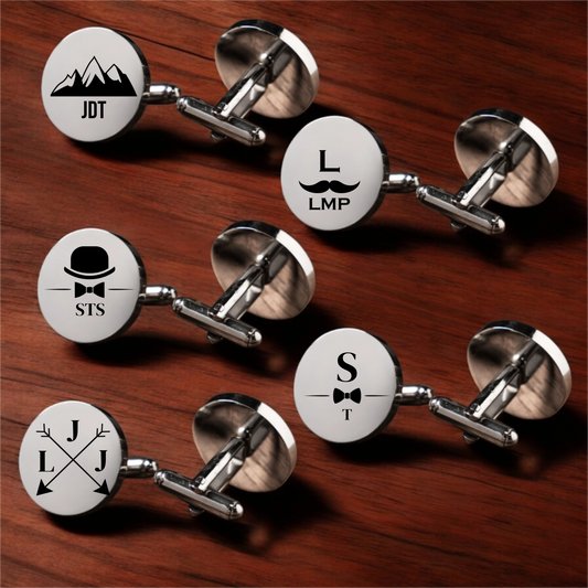 Set of 5 Round Silver Cufflinks - Groomsmen Gift