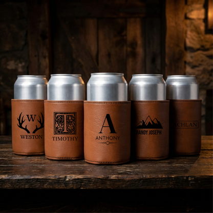Set of 5 Custom Leather Can Coolers - Groomsmen Gift