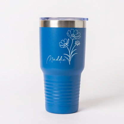 Customized 30oz Tumbler with Silver Lip - Birth Flower Designs (Horizontal Name)