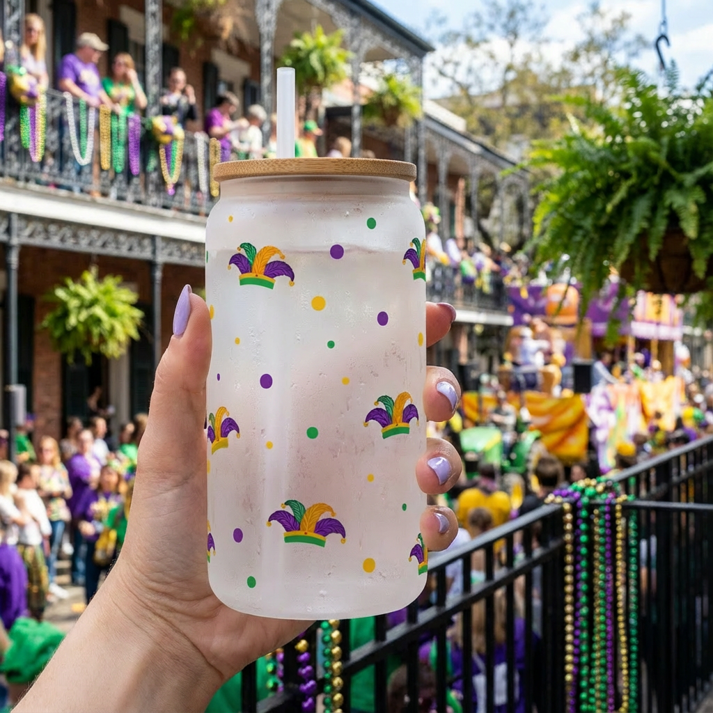 Glass Can with Bamboo Lid - Mardi Gras Themed