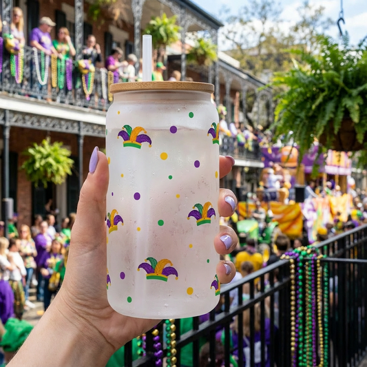 Glass Can with Bamboo Lid - Mardi Gras Themed