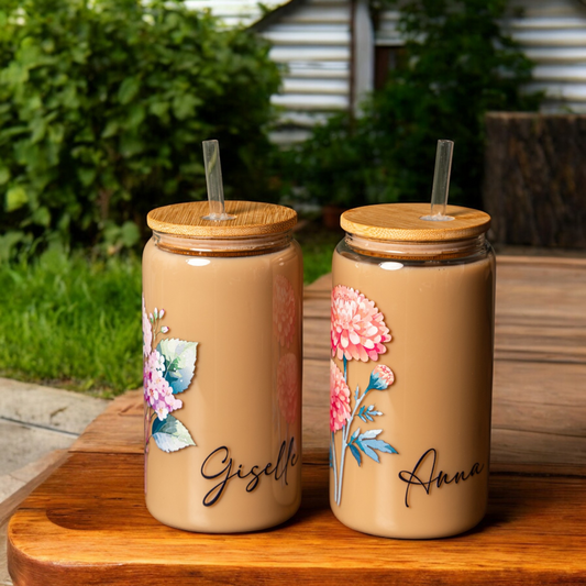 Personalized Color Birth Flower Glass Cans with Lid