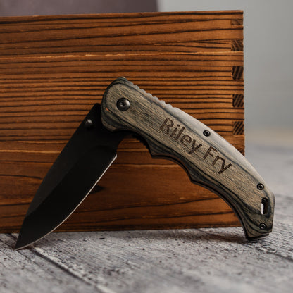 Customized Grey Wood Hunting Knife - Black Blade
