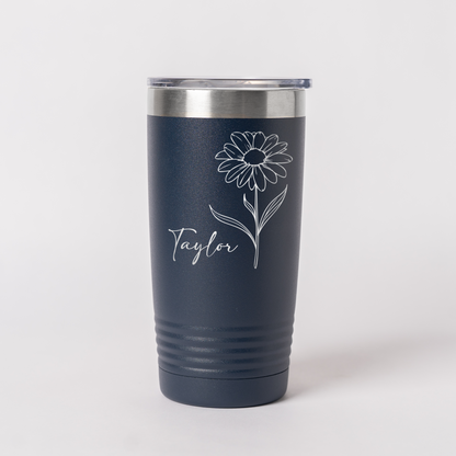 Customized 20oz Tumbler with Silver Lip - Birth Flower Designs (Horizontal Name)