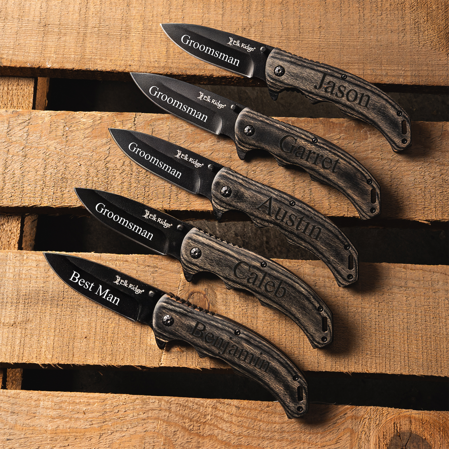 Set of 5 Personalized Black Blade Grey Wood Handle Knives