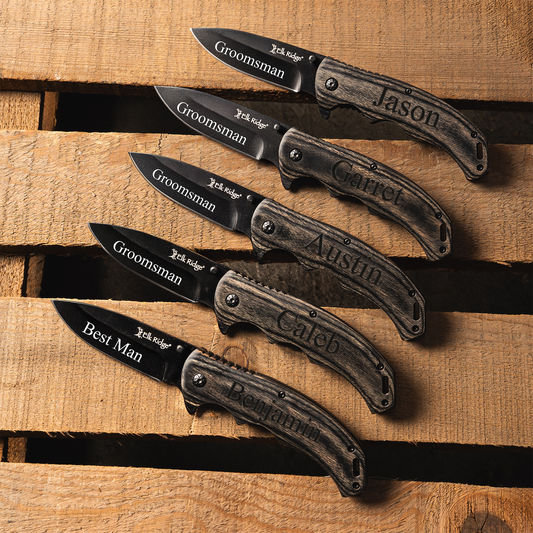 Set of 5 Personalized Black Blade Grey Wood Handle Knives