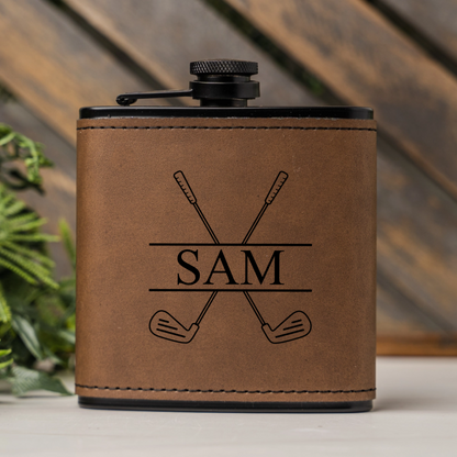 Customized Leather Wrapped Black Golf Flasks