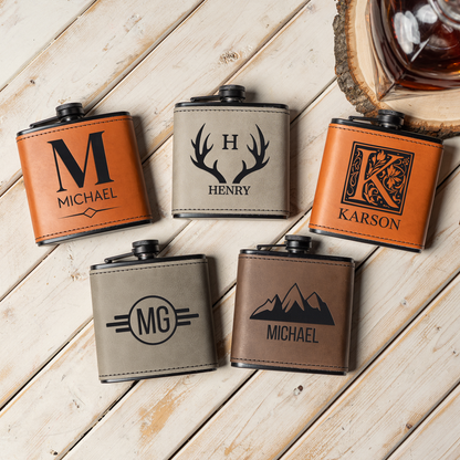 Groomsmen Gift Set of 5 Black Leather Flasks
