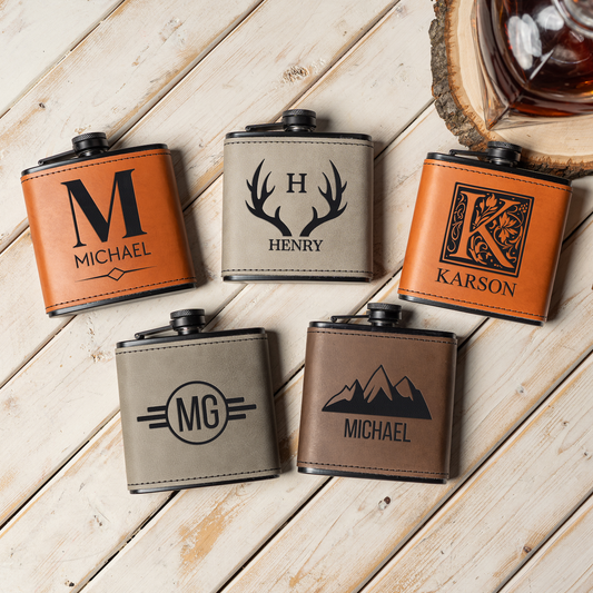 Groomsmen Gift Set of 5 Black Leather Flasks