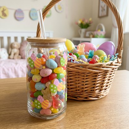 Glass Can with Bamboo Lid - Easter Themed