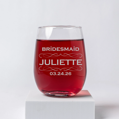 Custom Engraved Stemless Wine Glass - Bridesmaids, Groomsmen, Best Man