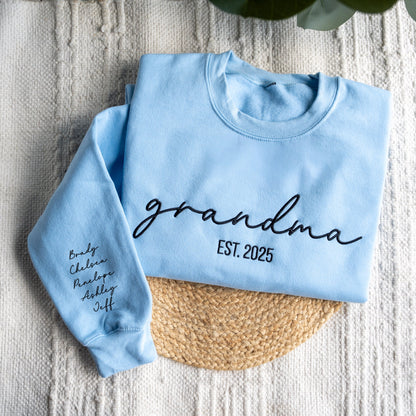 Custom Embroidered Grandma Sweatshirt with Names on Sleeve