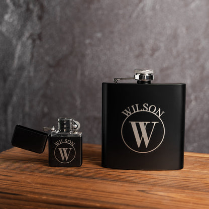Customized Black Flask & Lighter Gift Set