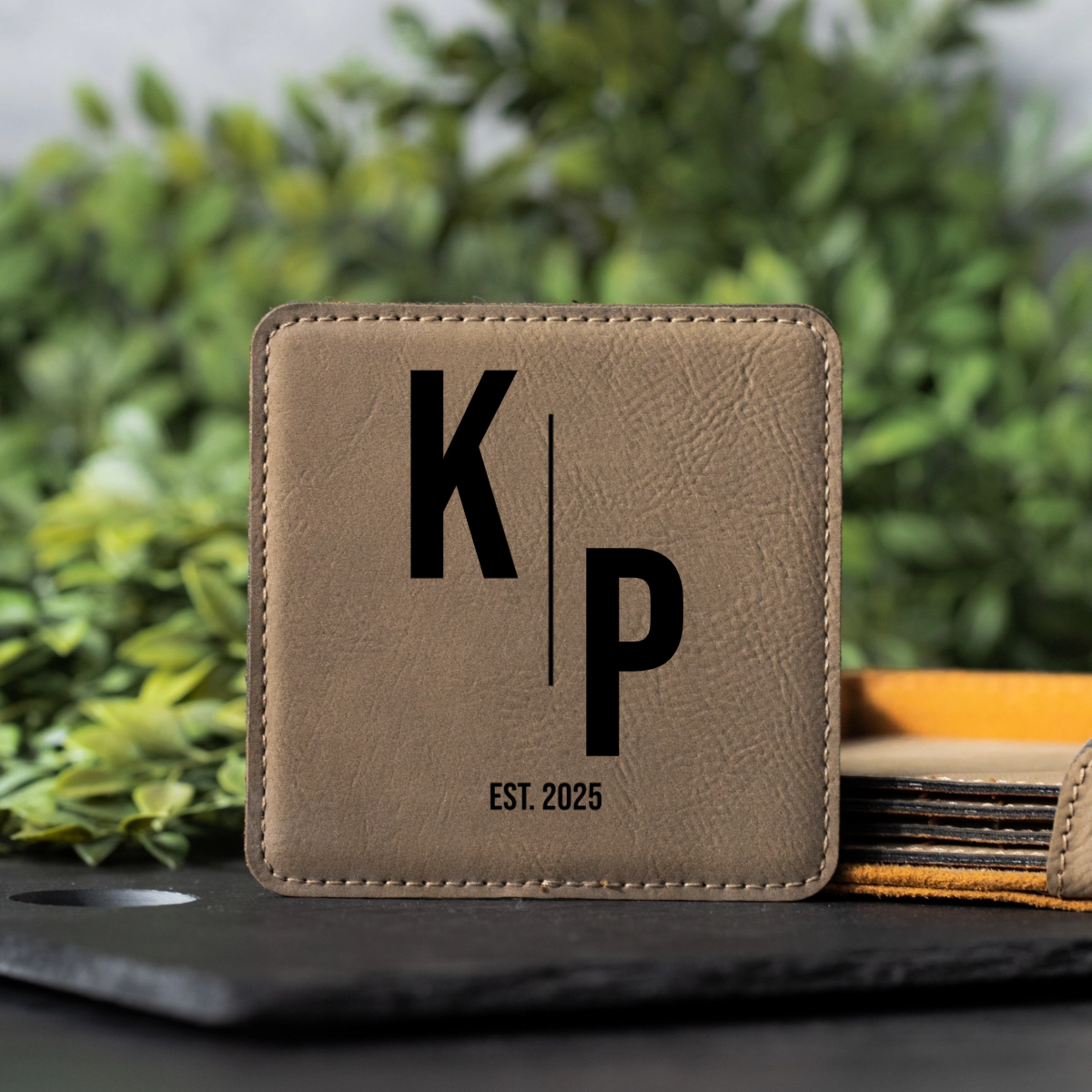 Customized Light Brown Leather Coasters - Signature Designs