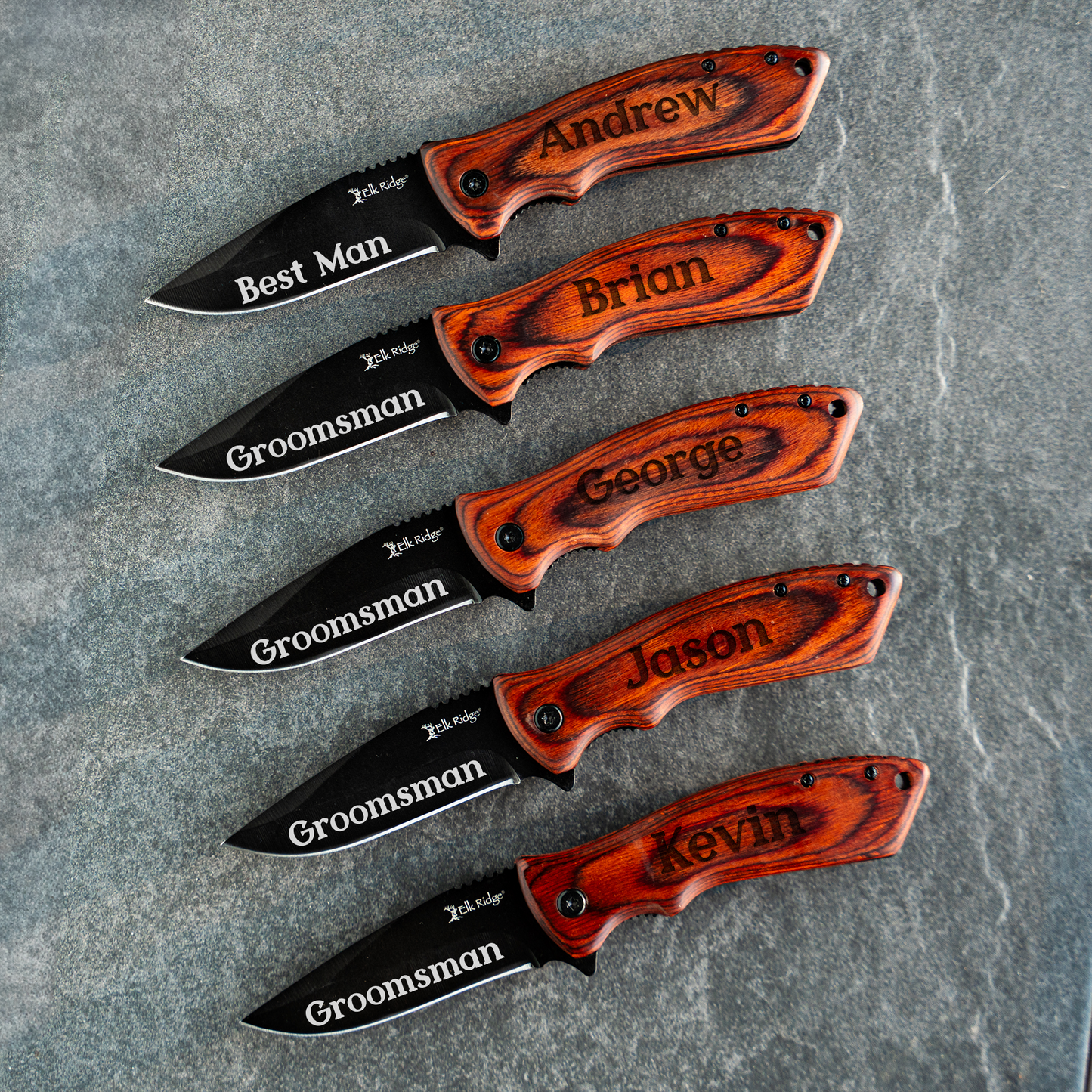Set of 5  Red Wood Handle Black blade Knives - Groomsmen Gift