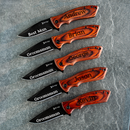 Set of 5  Red Wood Handle Black blade Knives - Groomsmen Gift