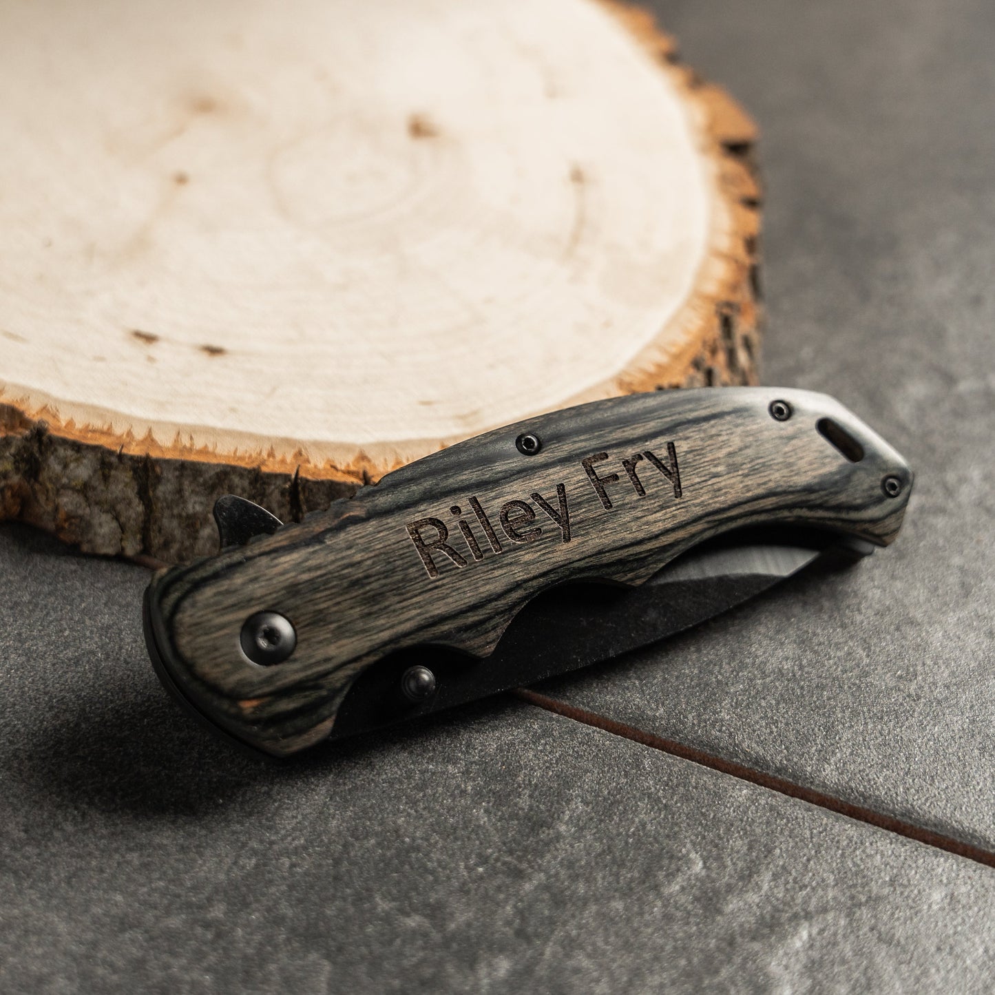 Customized Grey Wood Hunting Knife - Black Blade