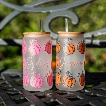 Custom 16oz Glass Can with Pumpkin Print