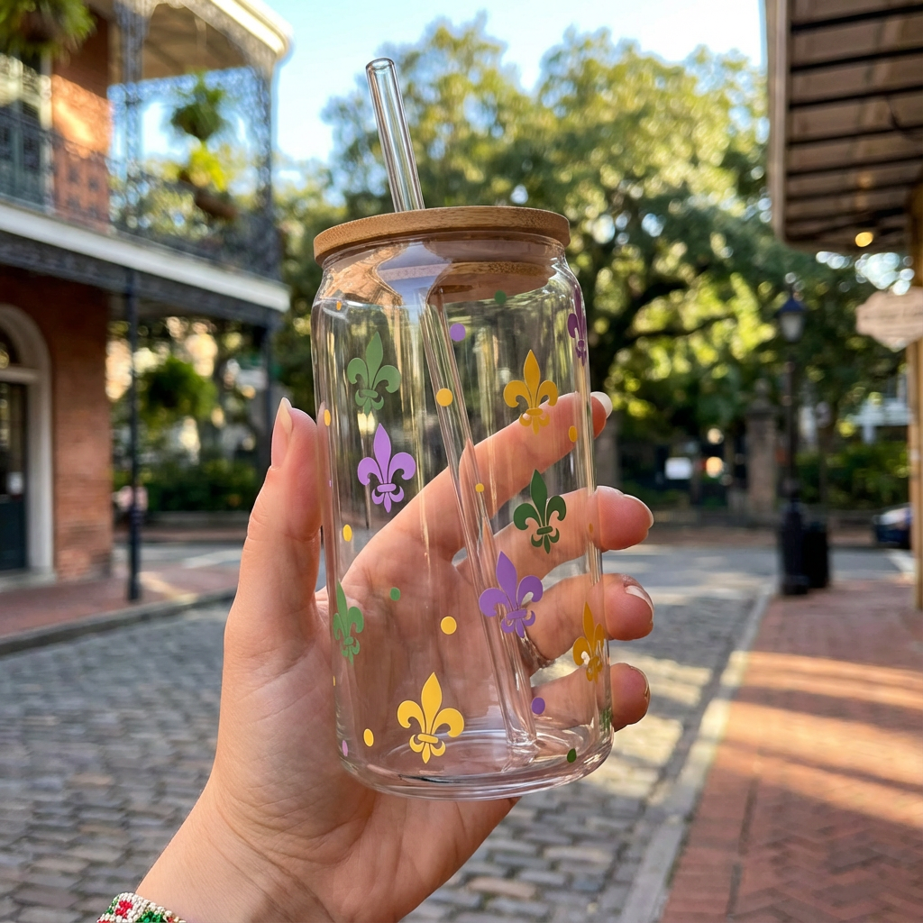Glass Can with Bamboo Lid - Mardi Gras Themed