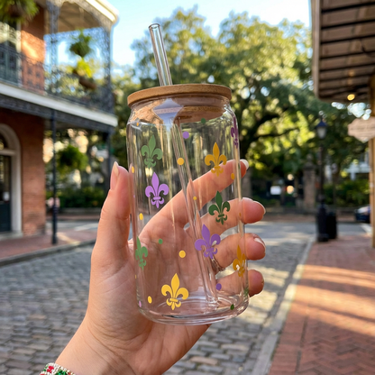 Glass Can with Bamboo Lid - Mardi Gras Themed