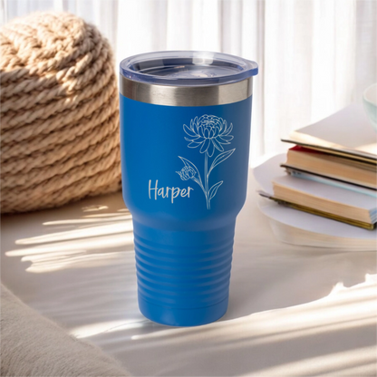Customized 30oz Tumbler with Silver Lip - Birth Flower Designs (Horizontal Name)