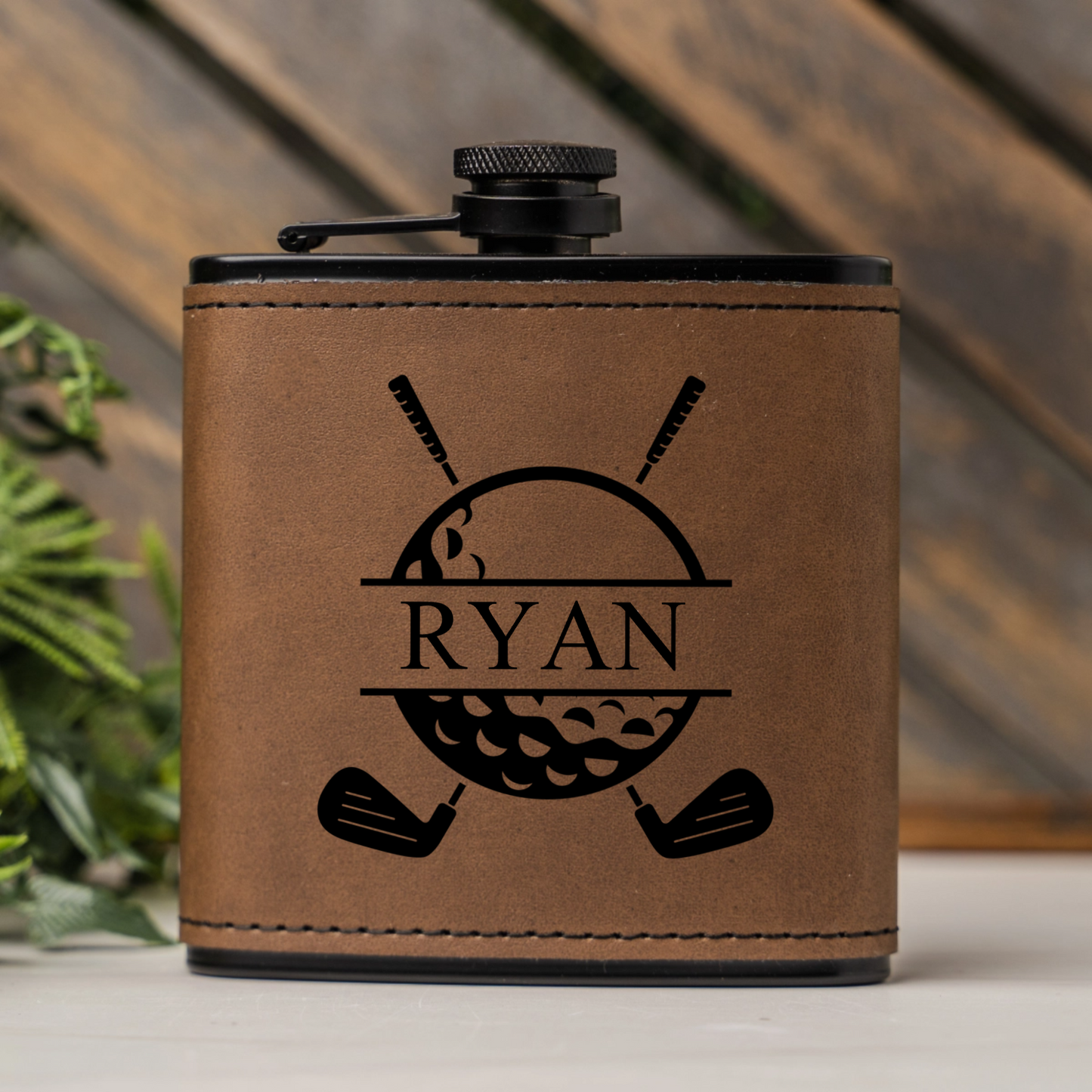 Customized Leather Wrapped Black Golf Flasks
