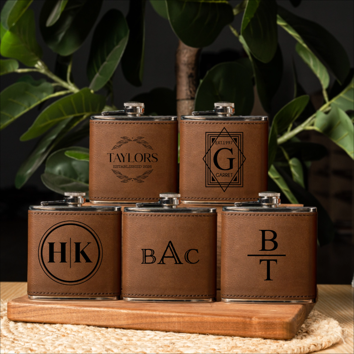 Set of 5 Leather Wrapped Stainless Flasks - Signature Designs Groomsmen Gift