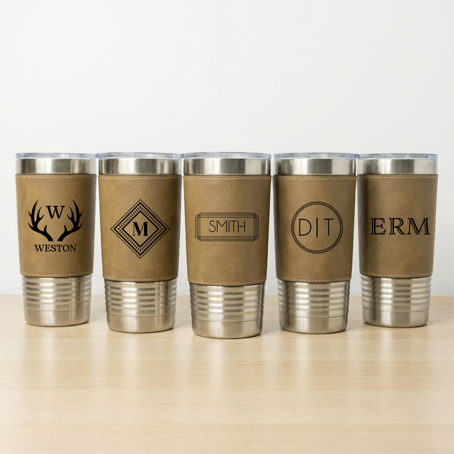 Set of 5 Leather Wrapped Stainless Tumblers