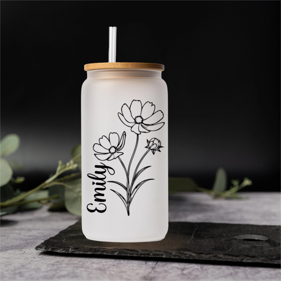 Customized Glass Cans - Birth Flower Designs (Vertical Name)