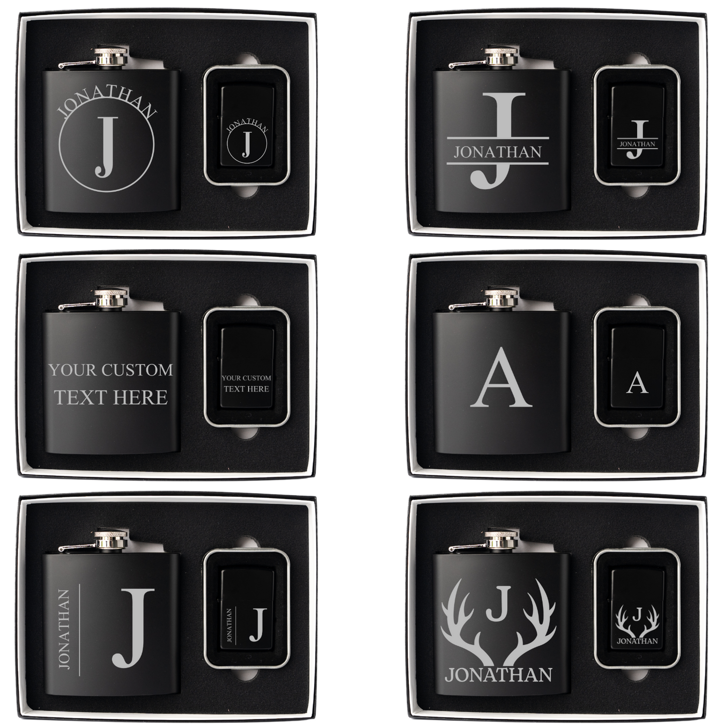 Set of 5 Personalized Black Flask and Lighter Sets - Groomsmen Gift