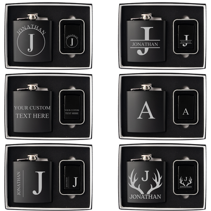 Set of 5 Personalized Black Flask and Lighter Sets - Groomsmen Gift