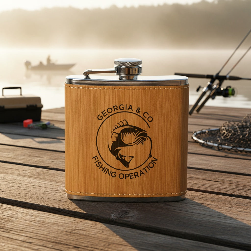 Customized Leather Wrapped Flasks With Fishing Designs