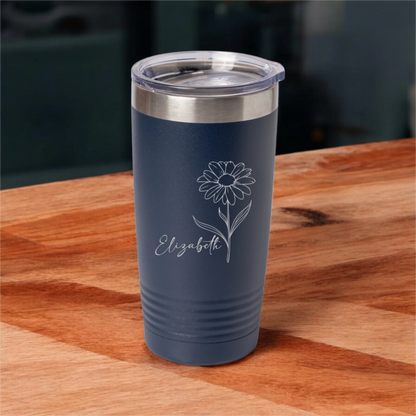 Customized 20oz Tumbler with Silver Lip - Birth Flower Designs (Horizontal Name)
