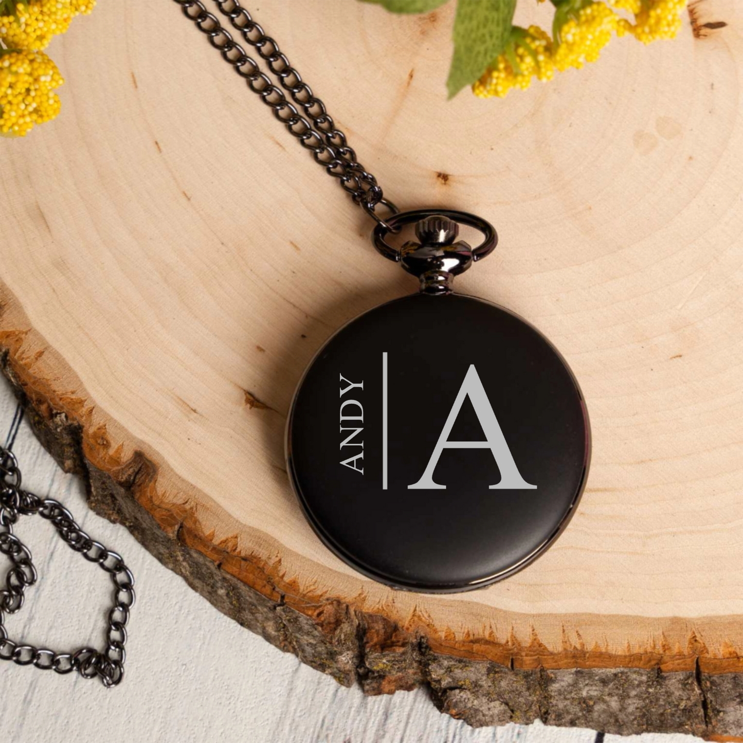 Engraved Black Pocket Watch