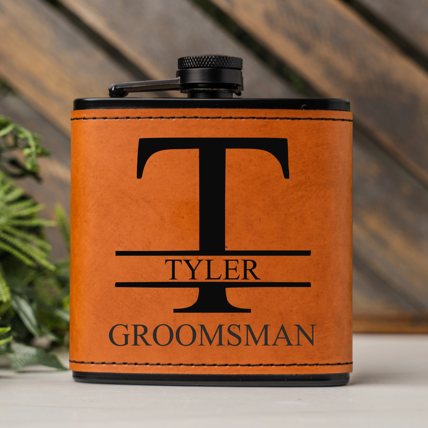Customized Leather Wrapped Black Flasks - Manly Script