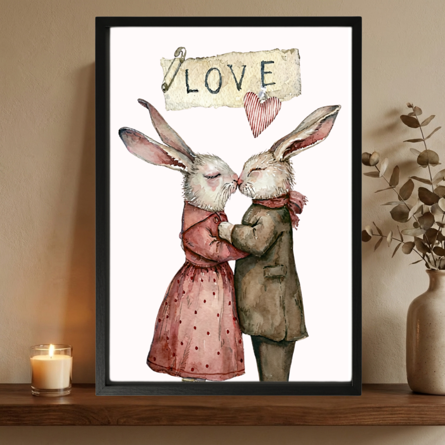 Vintage Style Framed Valentine Bunny Print