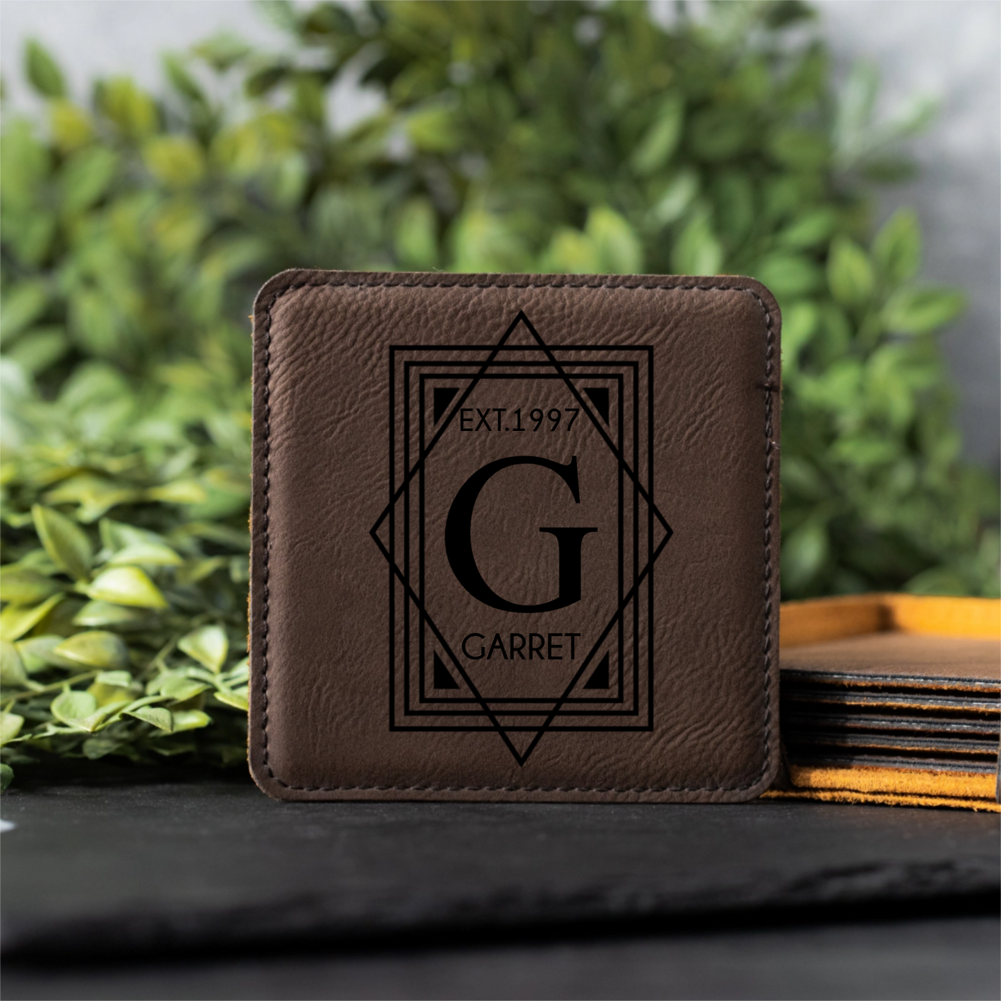 Customized Dark Brown Leather Coasters - Signature Designs