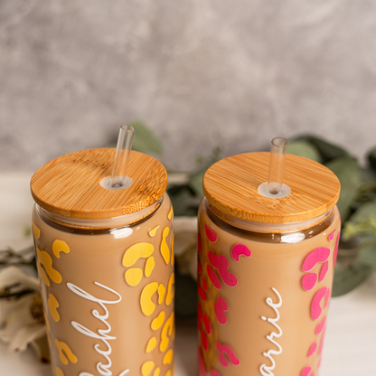 Customized Leopard Print Glass Can Cup with Bamboo Lid