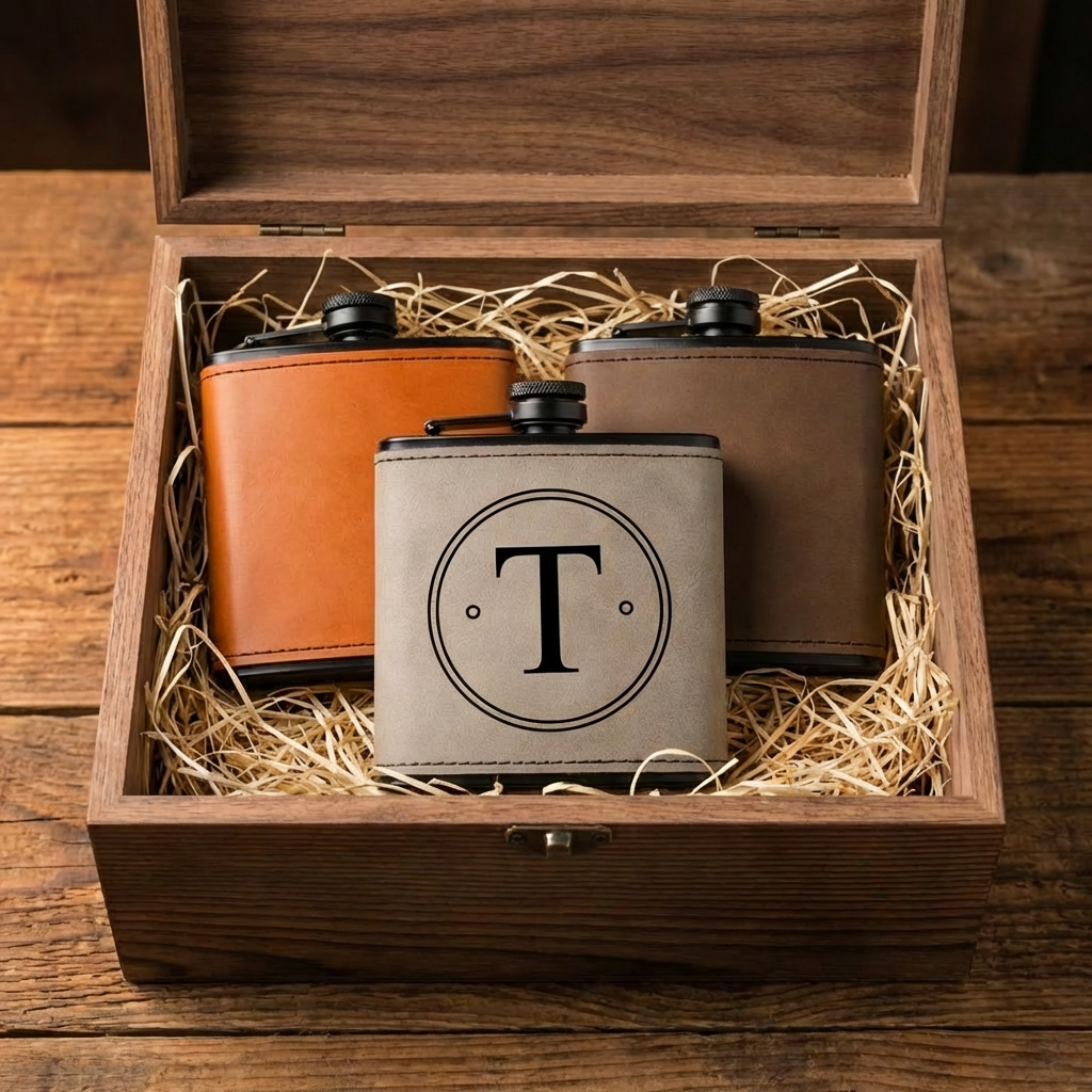 Customized Leather Wrapped Black Flasks - Signature Designs