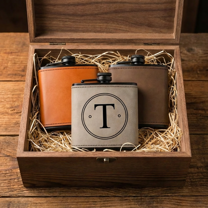 Customized Leather Wrapped Black Flasks - Signature Designs
