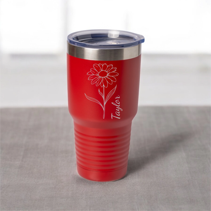 Customized 30oz Tumbler with Silver Lip - Birth Flower Designs (Vertical Name)