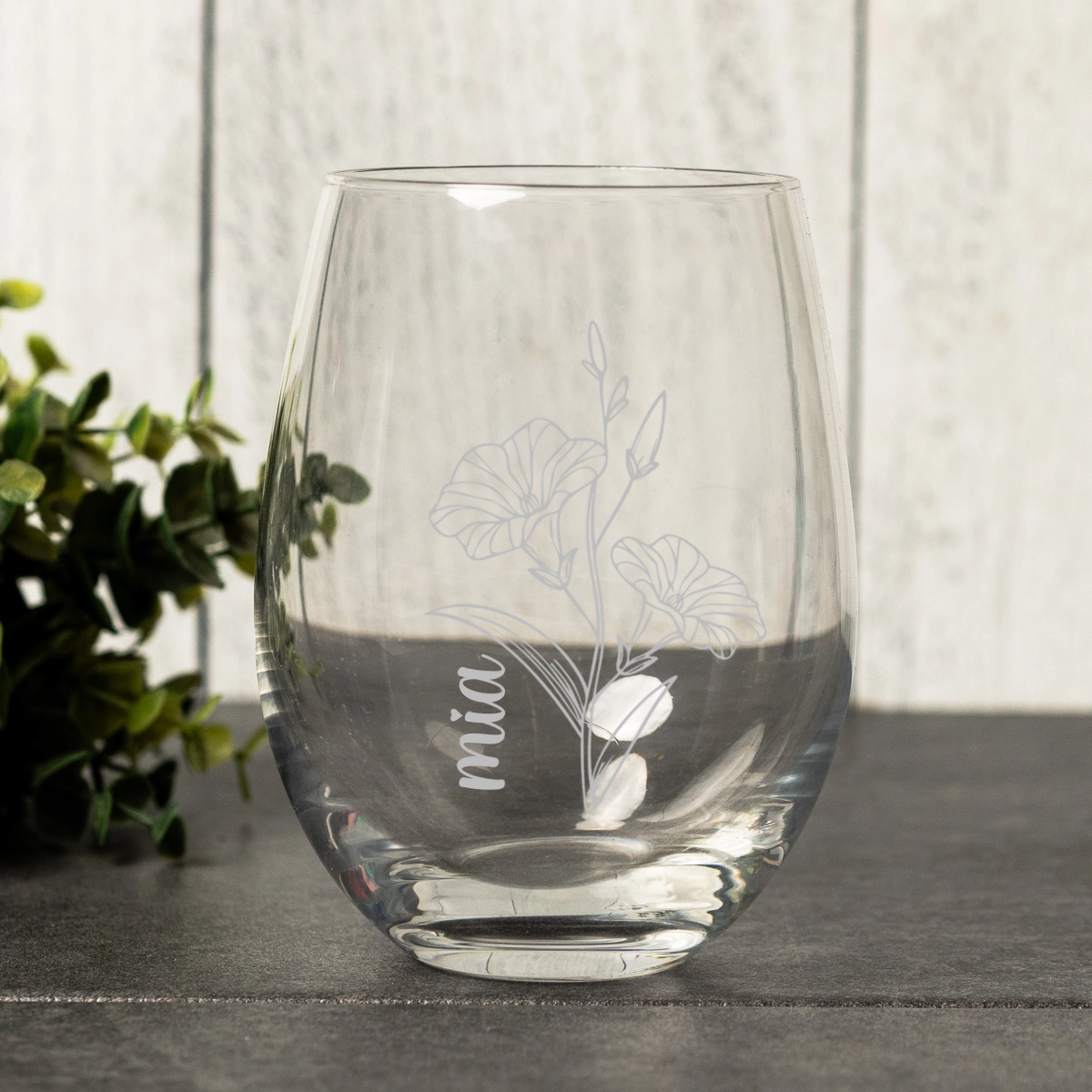 Engraved Stemless Wine Glass - Vertical Birth Flower